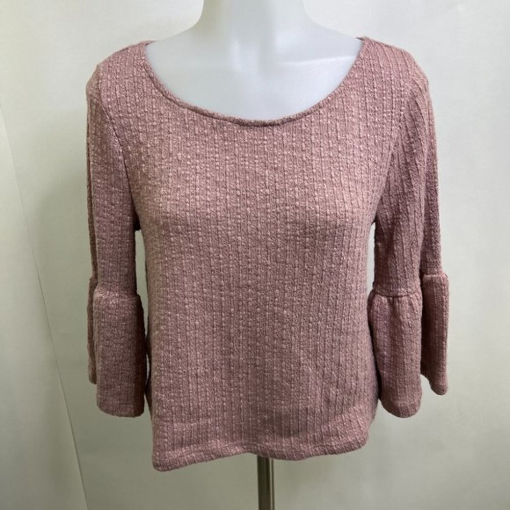 BB Dakota Womens Slub Ribbed Knit Ruffle Bell Sleeve Sweater Pink Size XS